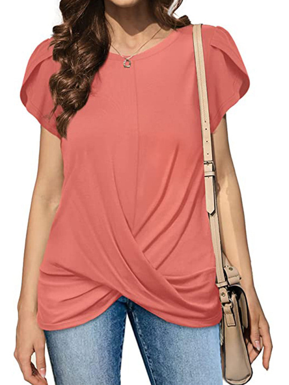 Crew Neck Solid Twist Short Sleeve T-Shirt