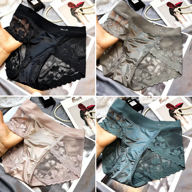 END SATIN LIGHT LUXURY LACE BREATHABLE MESH COTTON BRIEFS(PRIVATE DELIVERY)