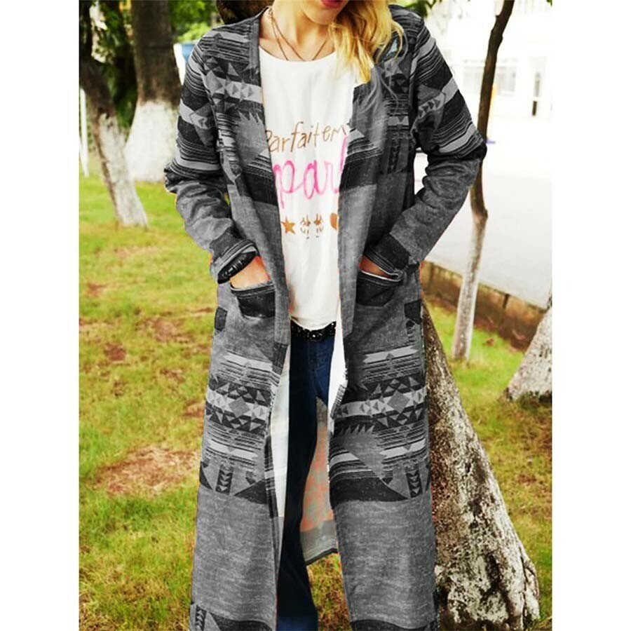 Geometric Print Cardigan Trench Coat