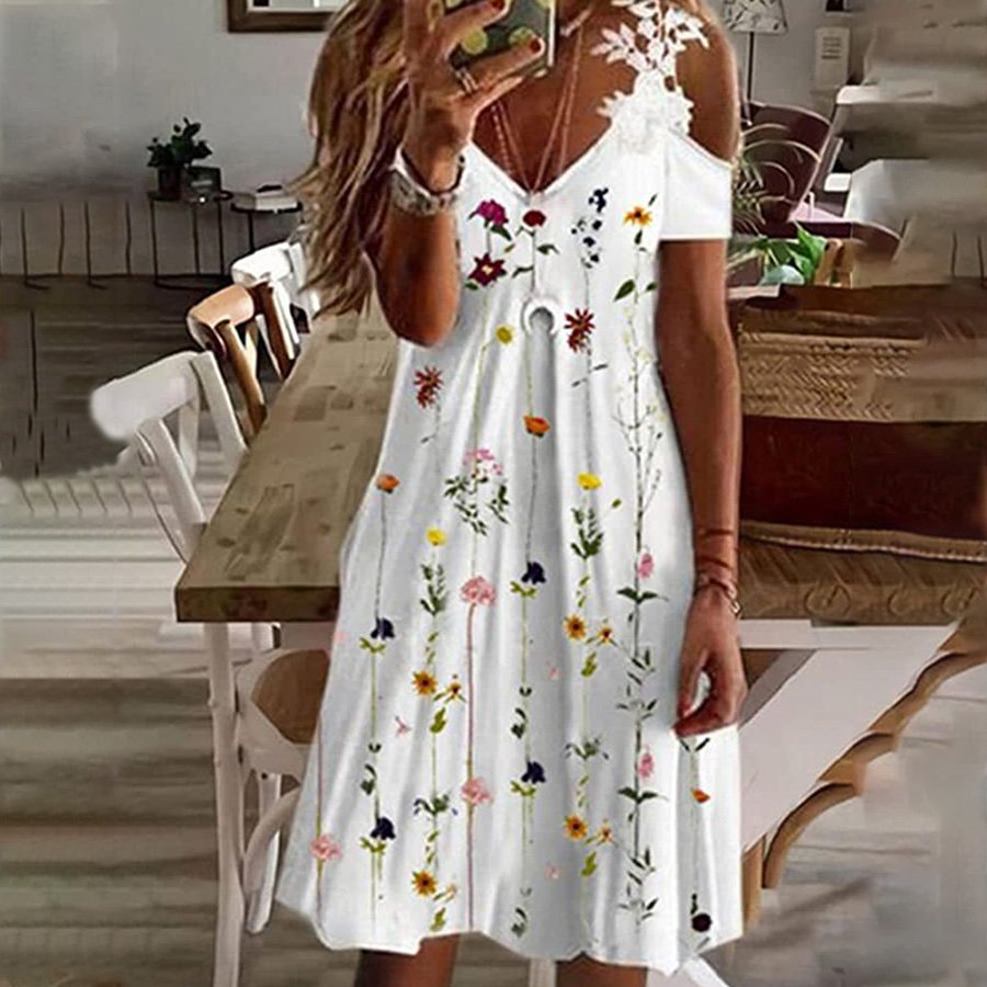 Ladies Lace V-Neck Off-Shoulder Print Dress