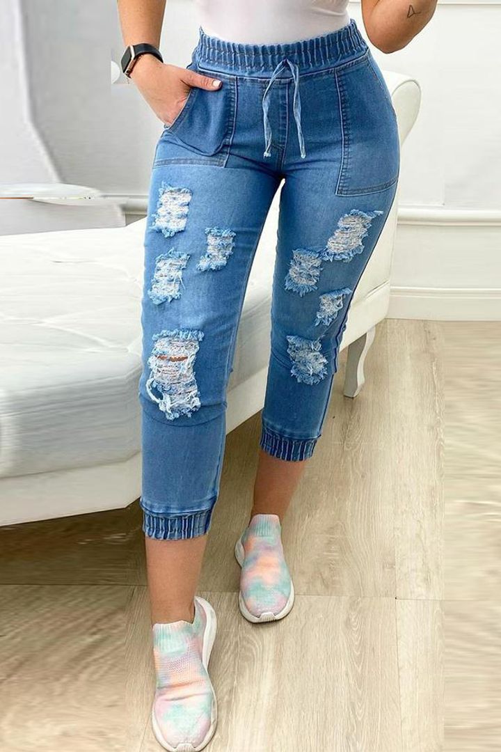 Midiross Ripped Drawstring Elastic Waist Pocket Detail Capris Jeans