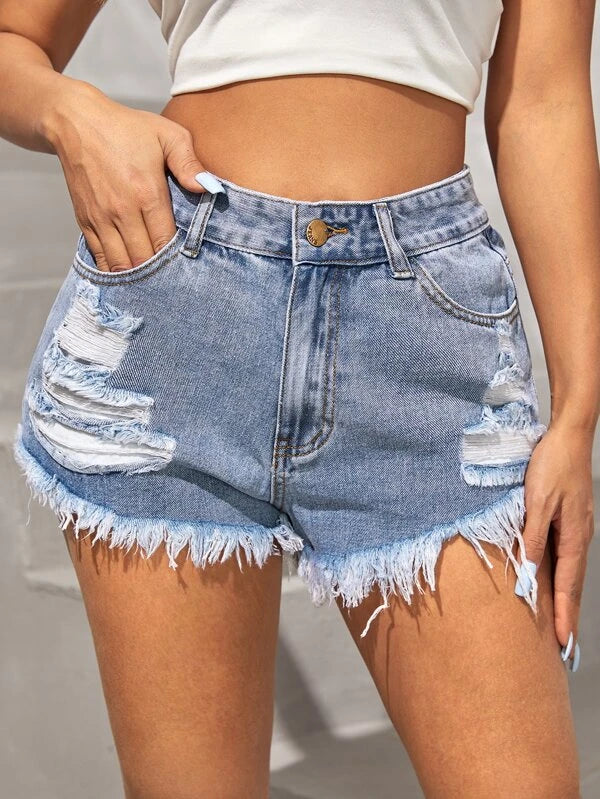 High Waist Ripped Raw Hem Denim Shorts