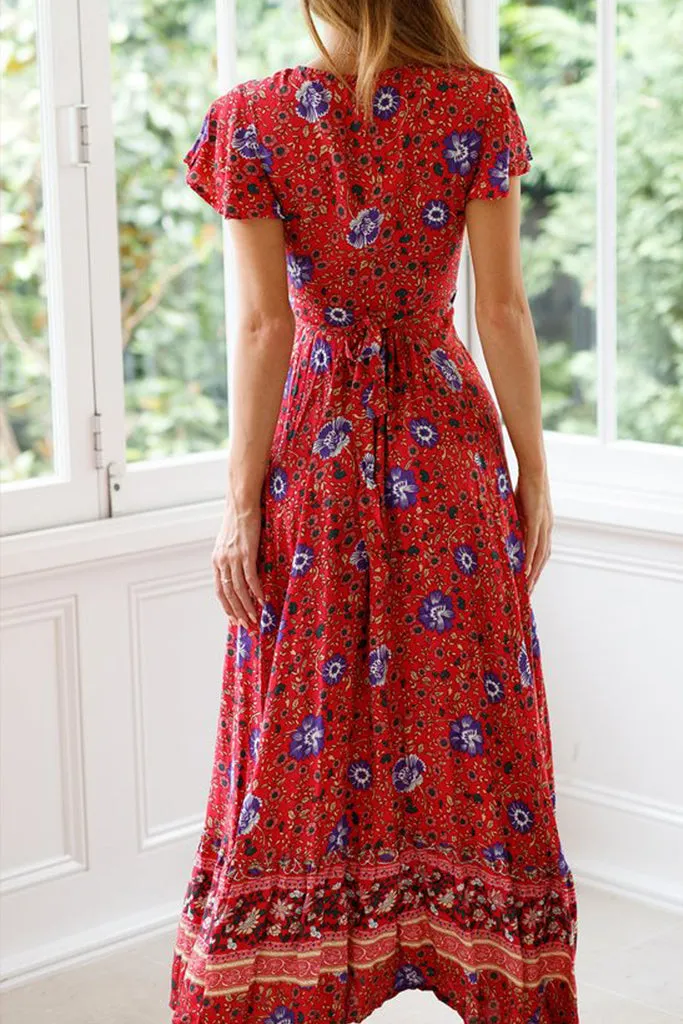 WOMEN'S BOHO V-NECK LONG MAXI DRESS