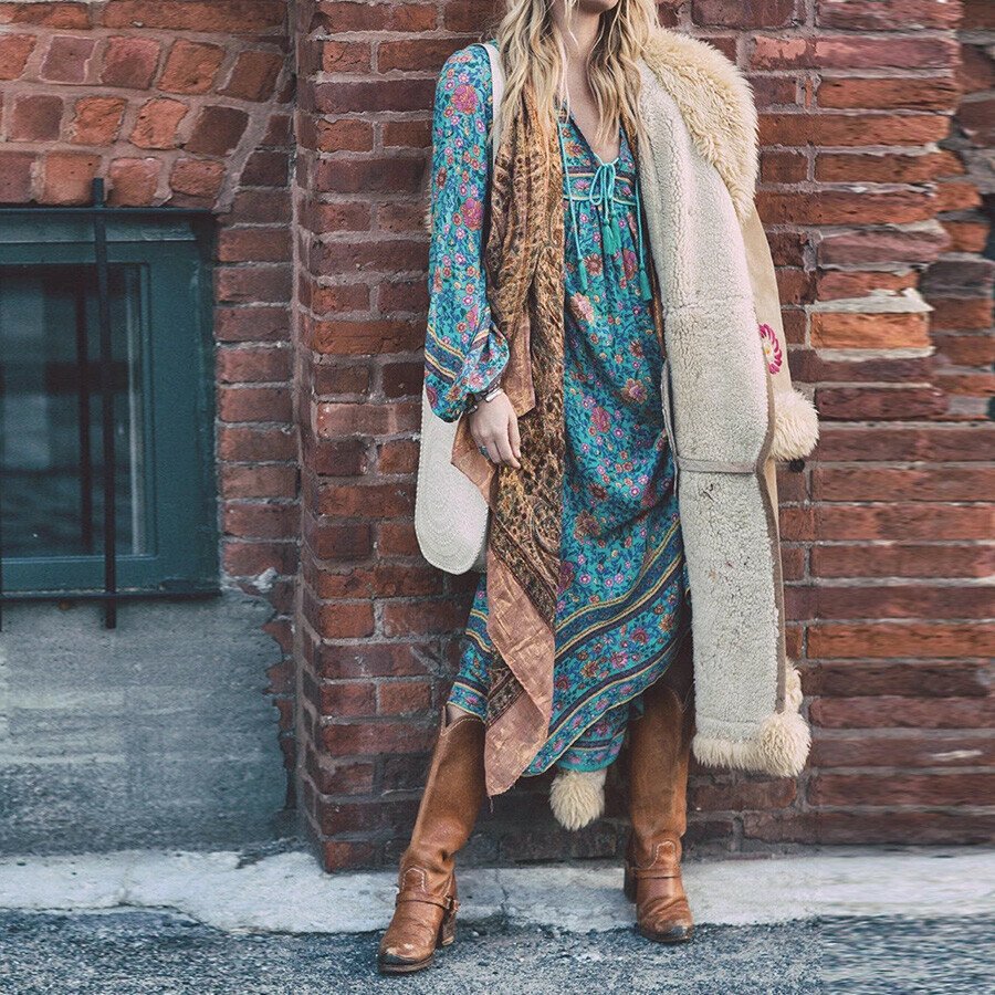 Cowgirl  Boho Printed Floral Long Sleeve Maxi Dress
