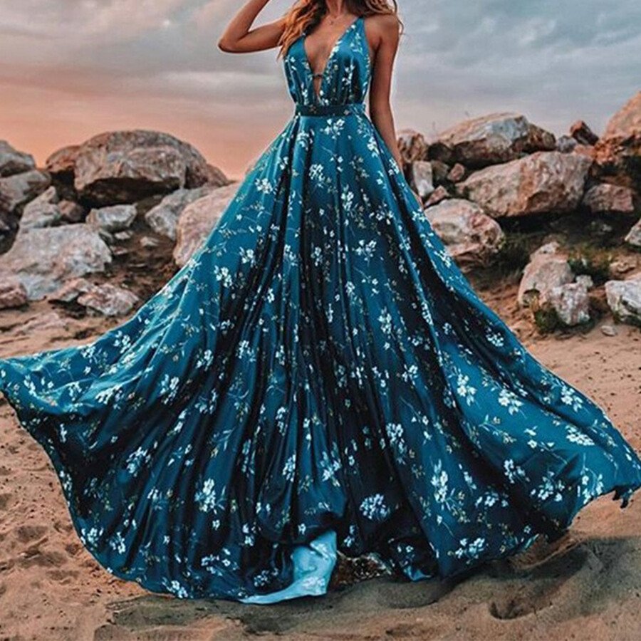 V-neck Sleeveless Suspender Print Dress