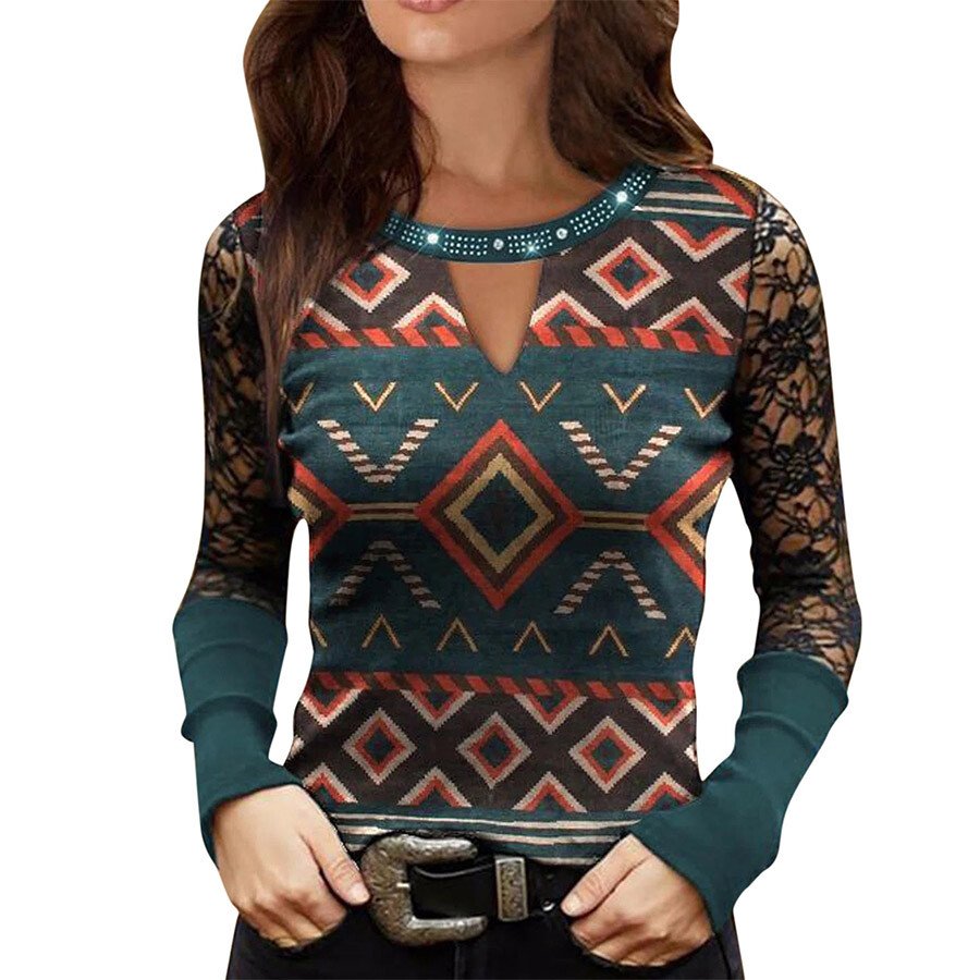 Ladies Retro Western Lace Rhinestone Long Sleeve Top