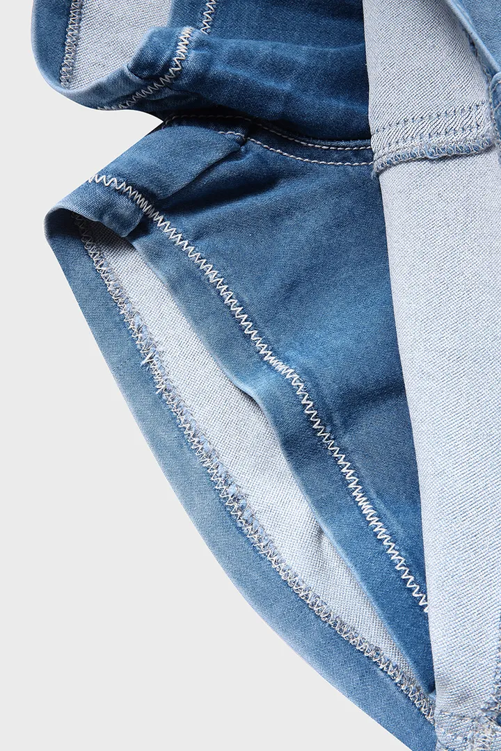 Midiross Drawstring Contrast Binding Ripped High Waist Denim Skort