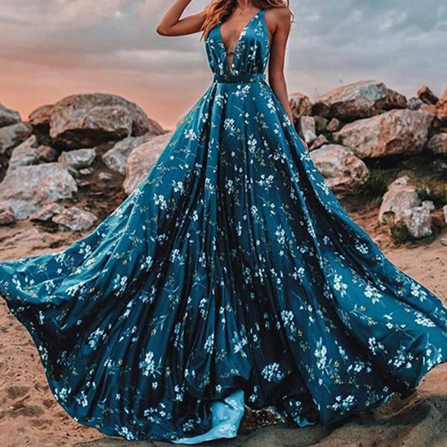 V-neck Sleeveless Suspender Print Dress