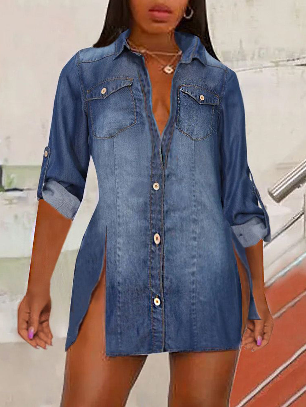 Button Up Roll Tab Sleeve Split Hem Denim Shirt