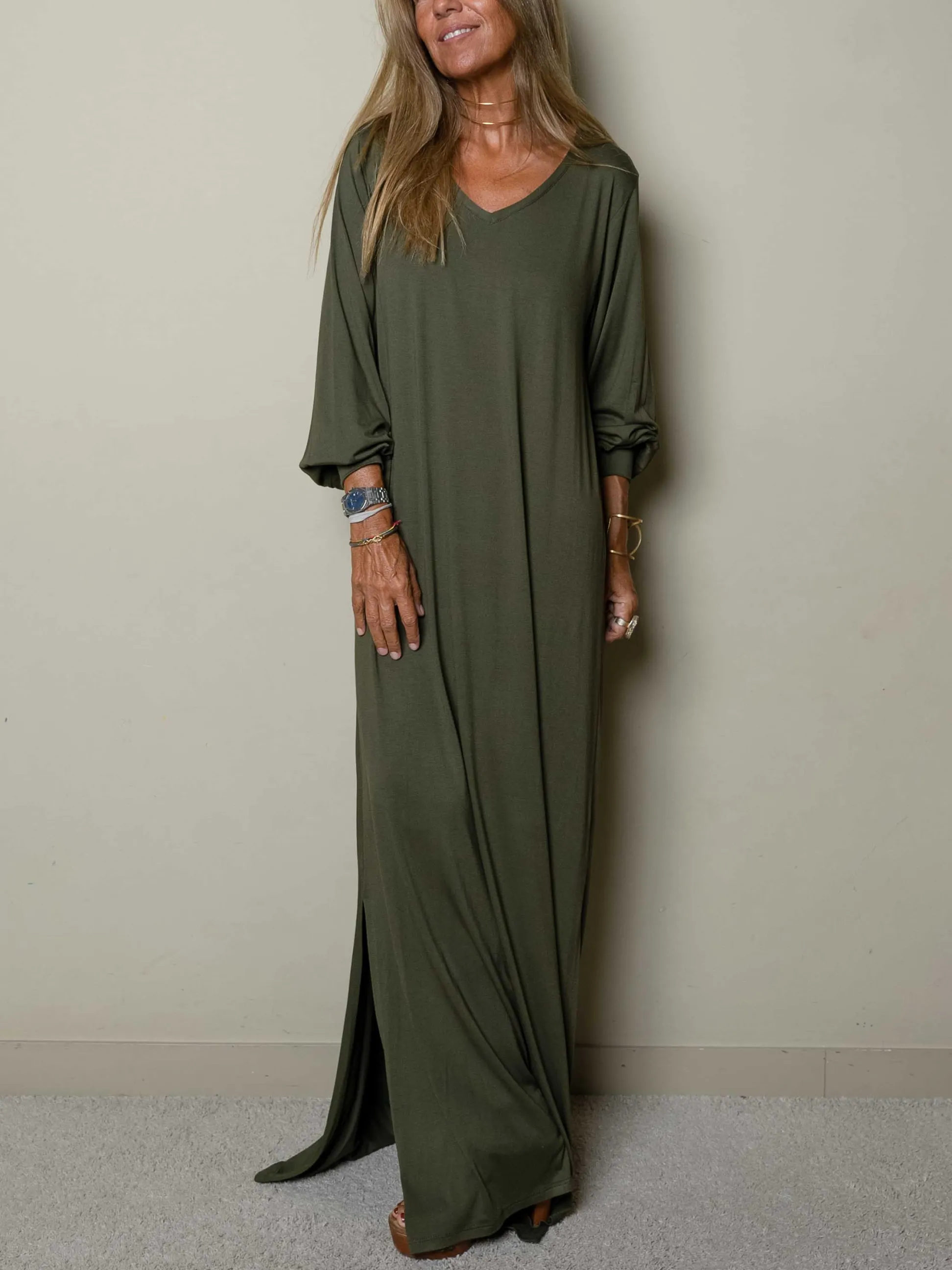 WOMEN CASUAL V-NECK MAXI DRESS