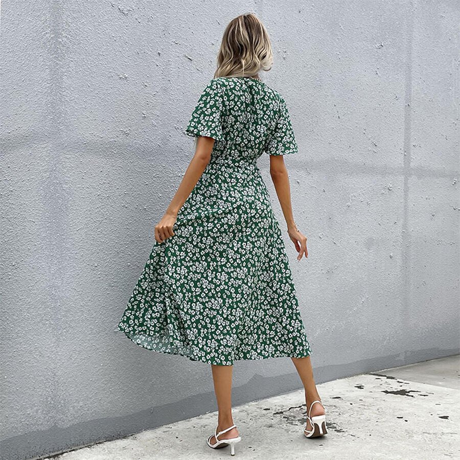 Ladies Fashion Lace Up Short Sleeve Printed V-Neck Dress