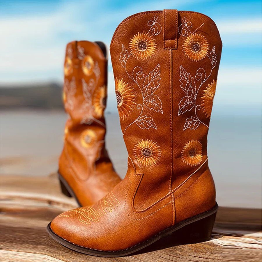Sunflower Embroidery Western Cowboy Boots