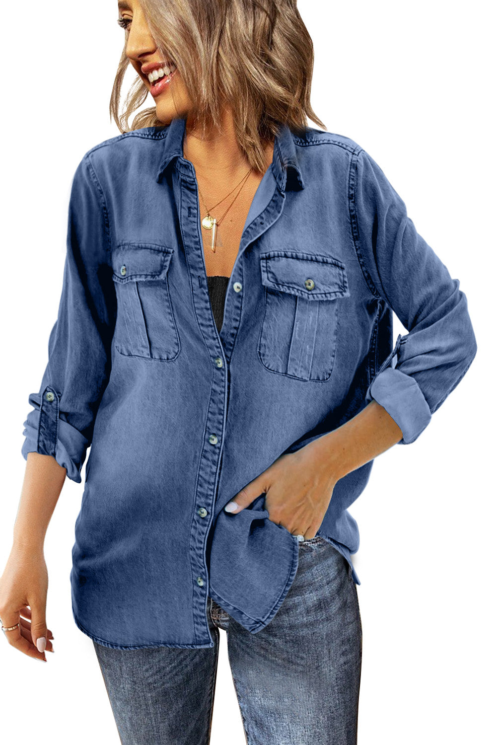 Loycell(TENCEL) DENIM Blue Buttoned Turn Down Collar Shirt with Pocket