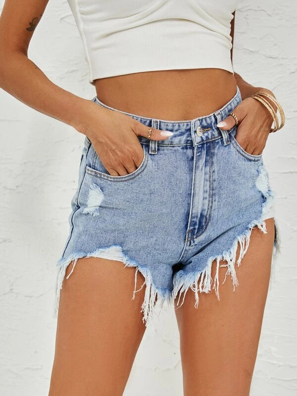 High Waist Raw Hem Denim Shorts
