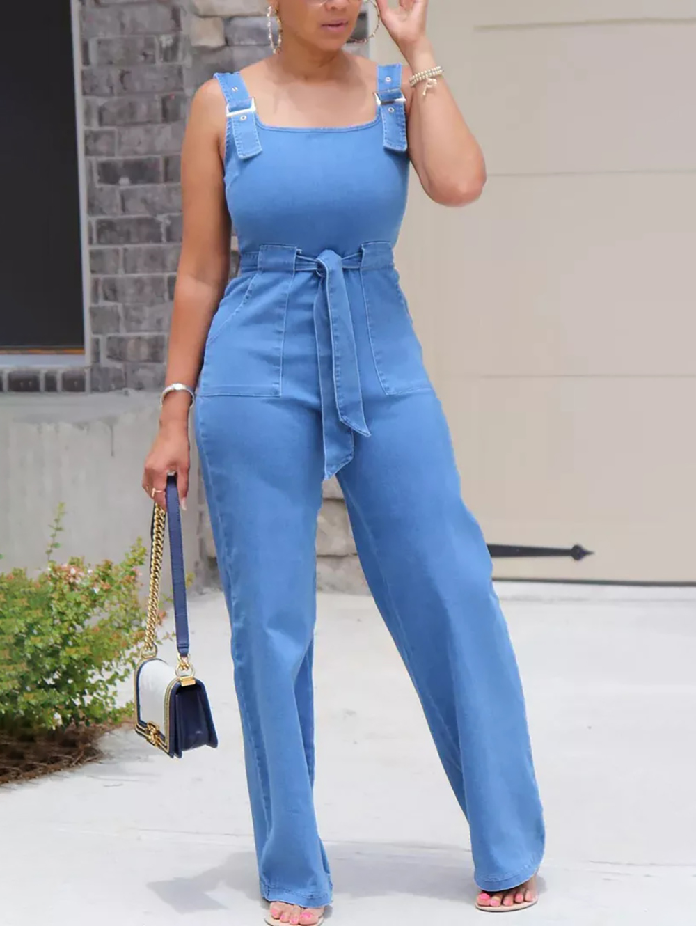 Midiross Eyelet Buckle Detail Belted Tank Denim Jumpsuit