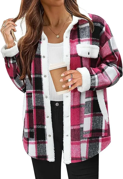 🔥🔥🔥🔥Women's Fleece Flannel Button Down Plaid Shacket Jacket