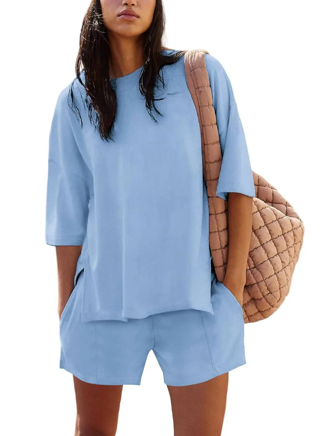 🔥🔥🔥🔥Women's Casual Solid Color Suit with Slit Top and Shorts