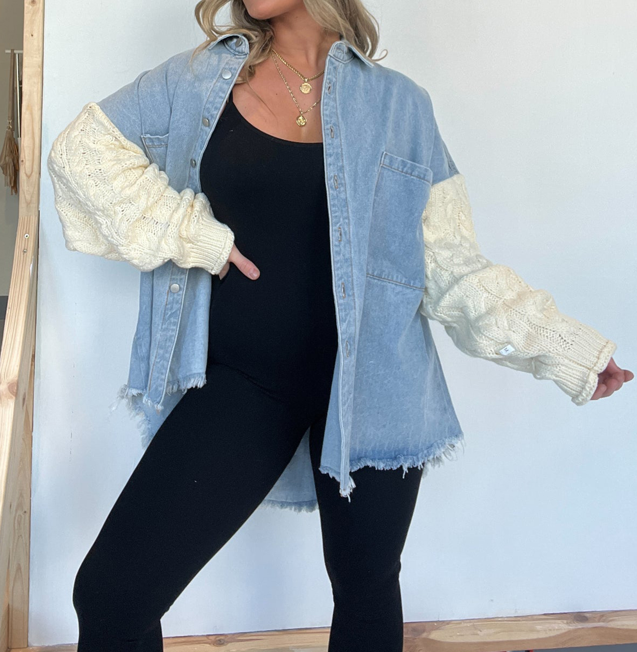 Cozy Sweater Sleeve Denim Shacket