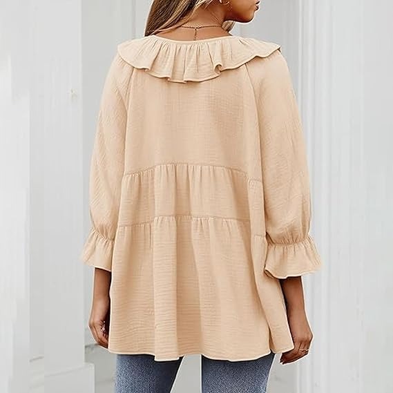 🔥HOT SALE🔥3/4 Sleeve Tee Round Neck Tie Front Layered Ruffle Shirt(BUY 2 FREE SHIPPING)