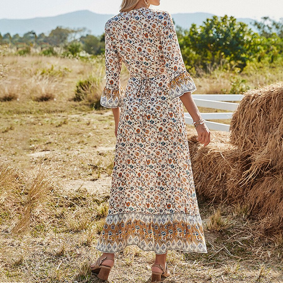 Women V-Neck Boho High Waist Maxi Dress