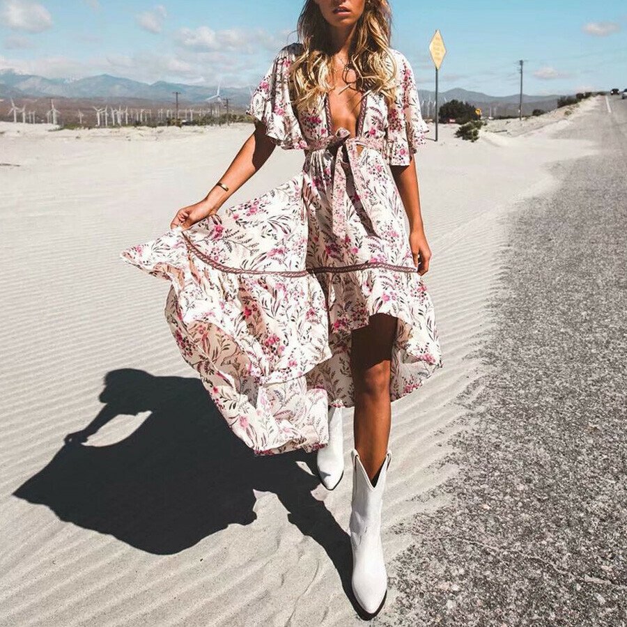 Floral Printed Gypsy Lace Maxi Dress