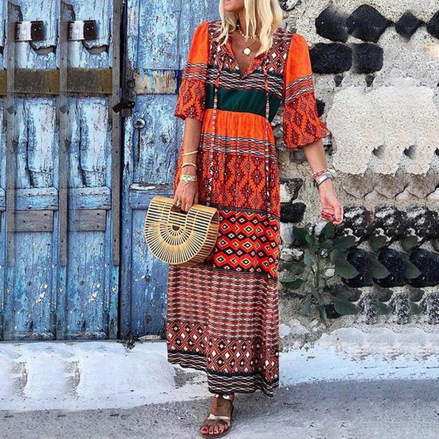 V-Neck Loose Print Dress