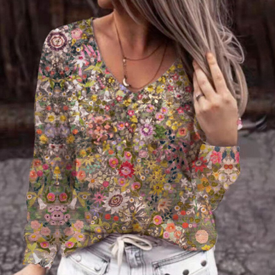 Ladies Retro V-Neck Printed Long Sleeve Top