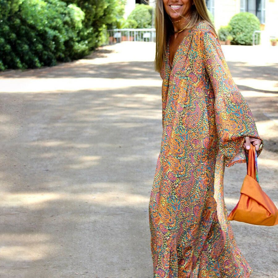 V-Neck Print Long Sleeve Dress