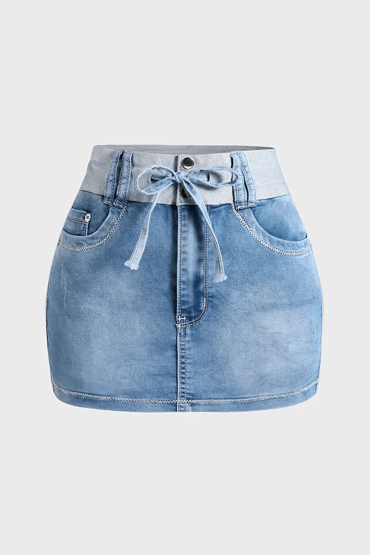 Midiross Drawstring Contrast Binding Ripped High Waist Denim Skort