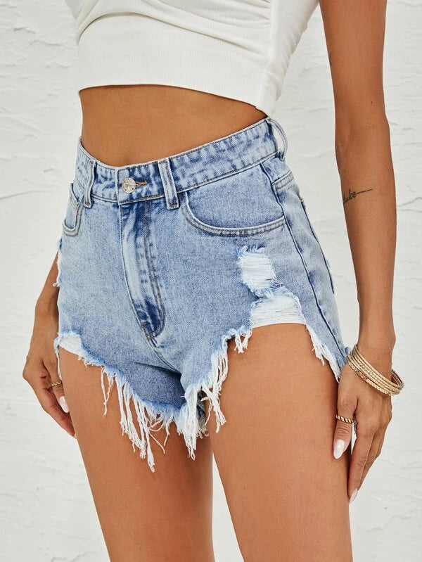 High Waist Raw Hem Denim Shorts