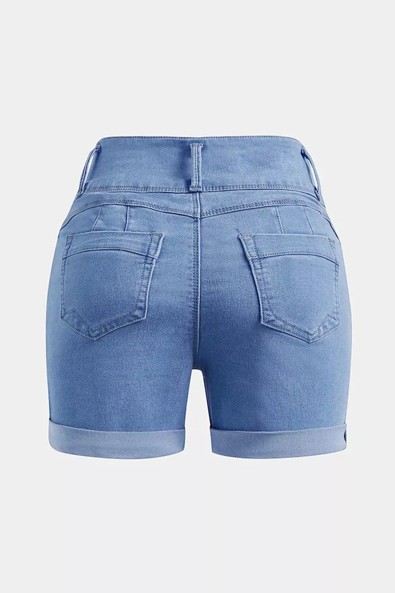 Midiross Button Fly Cuffed Hem High Waist Denim Shorts