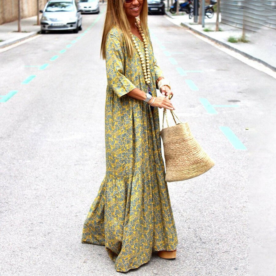 V-Neck Print Long Sleeve Dress