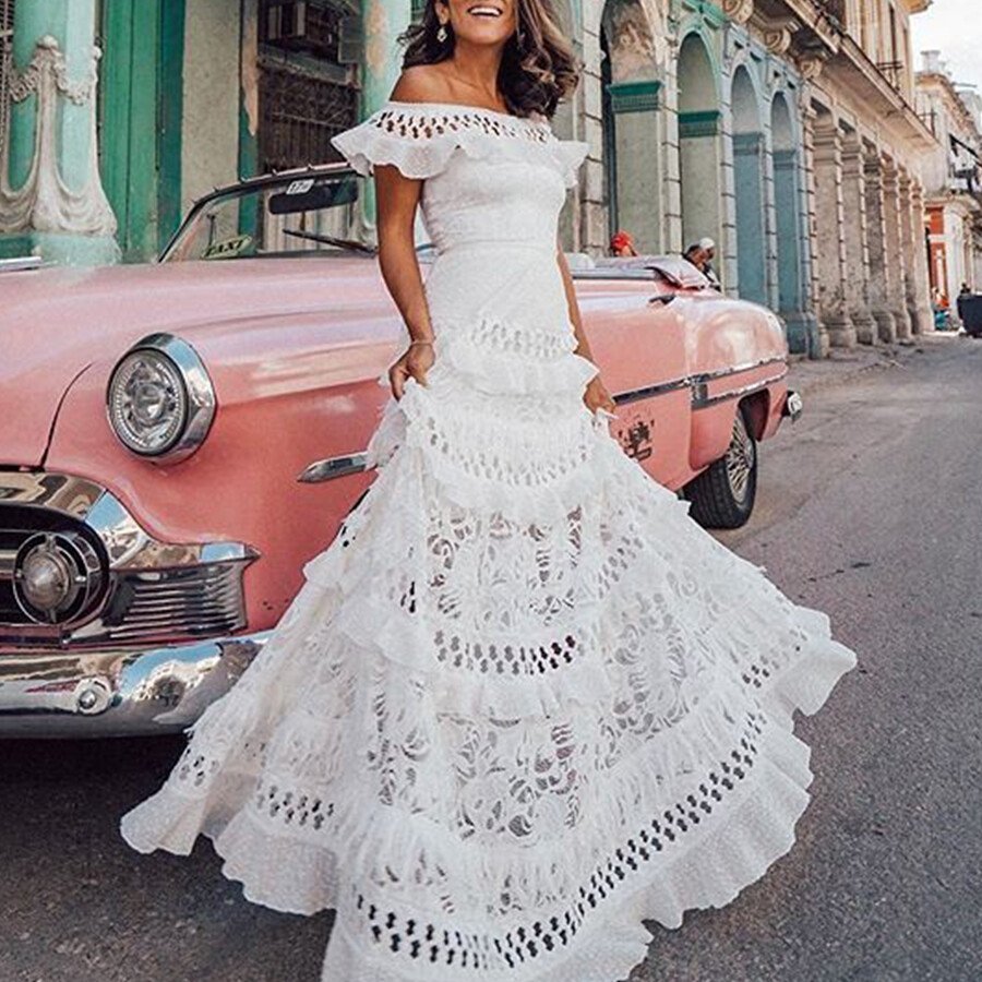 Off Shoulder Short Sleeve Bohemian Wedding Dress