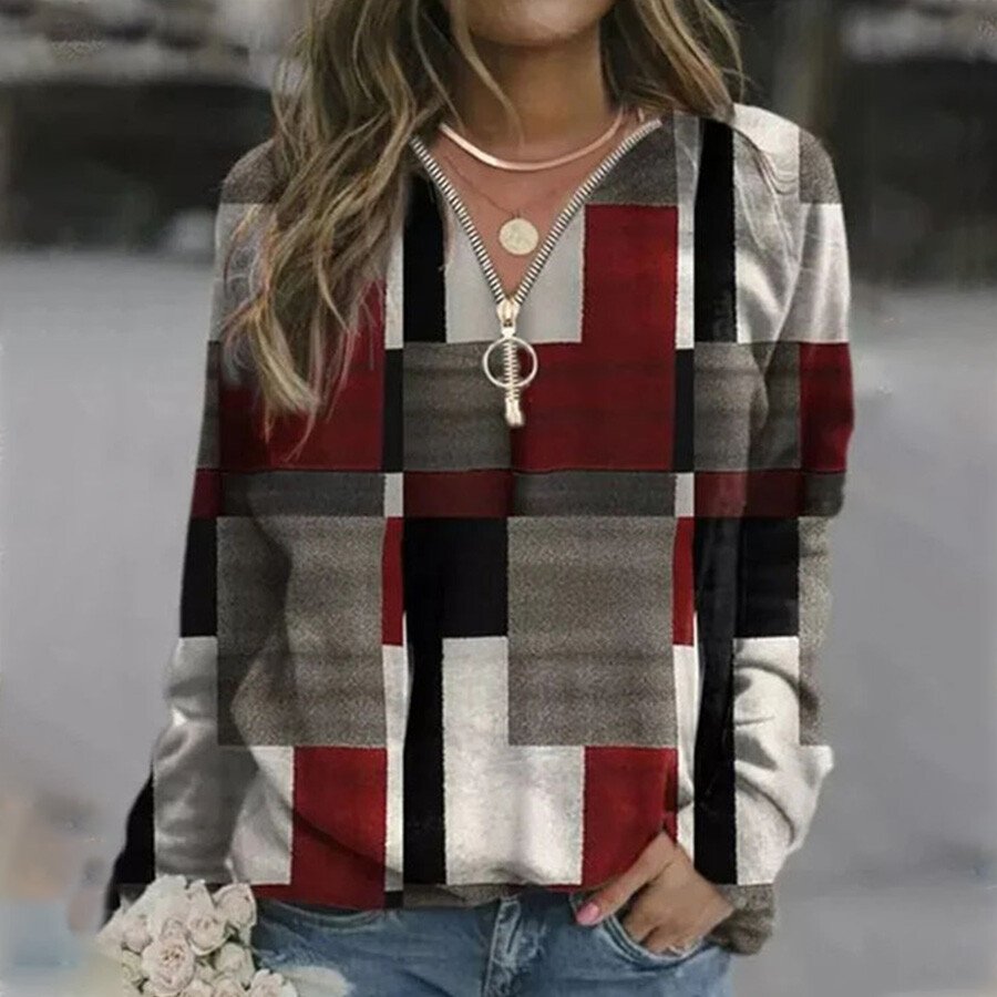 Ladies Retro V-neck Zipper Print Long Sleeve Sweatshirt