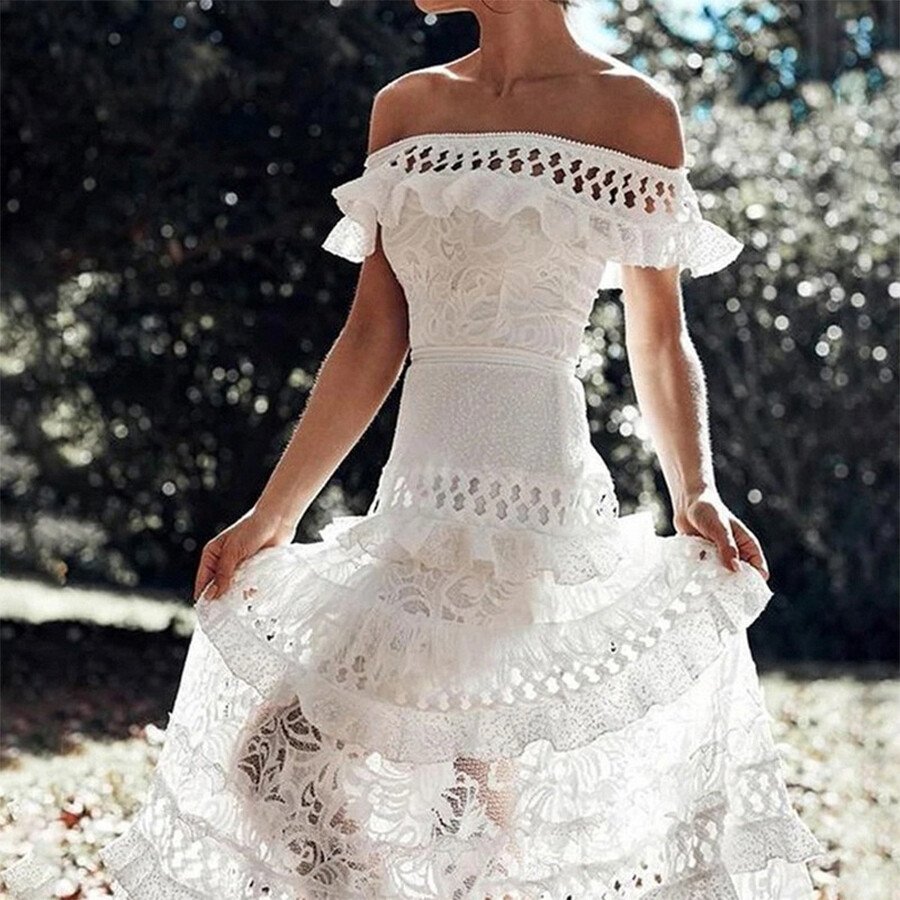 Off Shoulder Short Sleeve Bohemian Wedding Dress