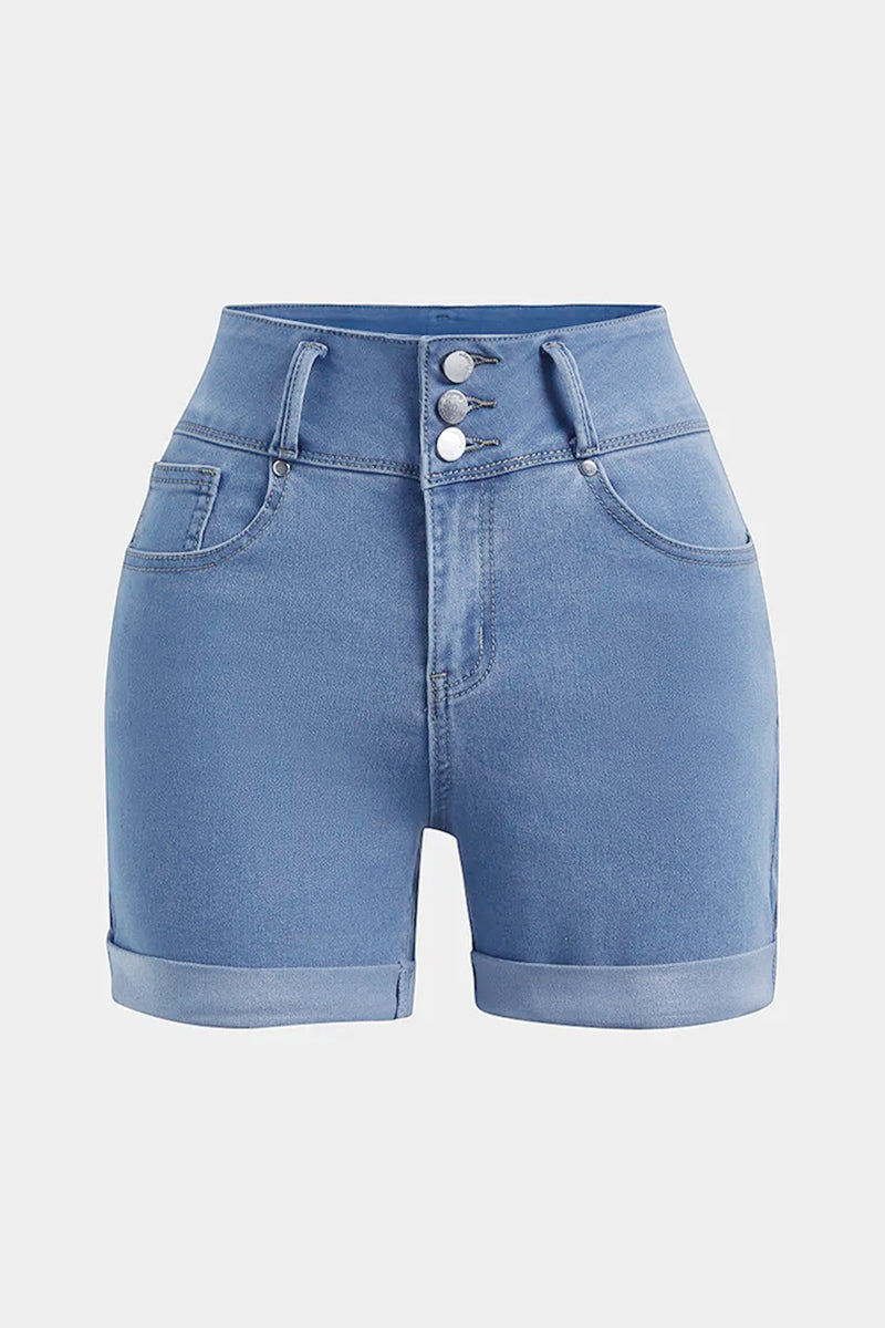 Button Fly Cuffed Hem High Waist Denim Shorts