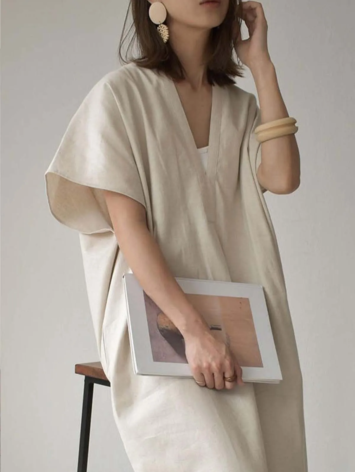 SIMPLE BLACK&BEIGE BATWING SLEEVE SPLIT-SIDE MAXI DRESS