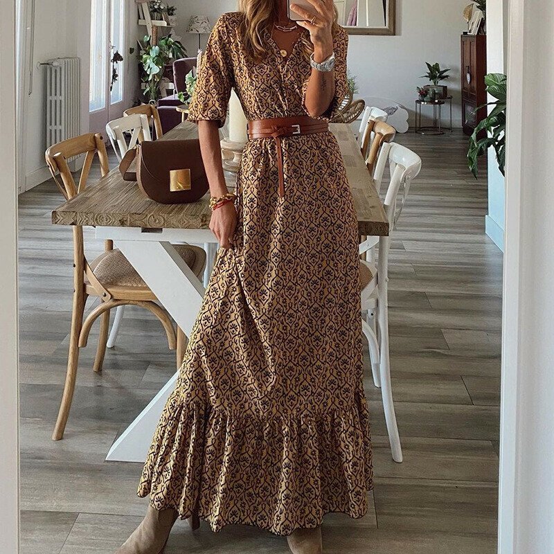 Printed Short Sleeve V-neck Dress