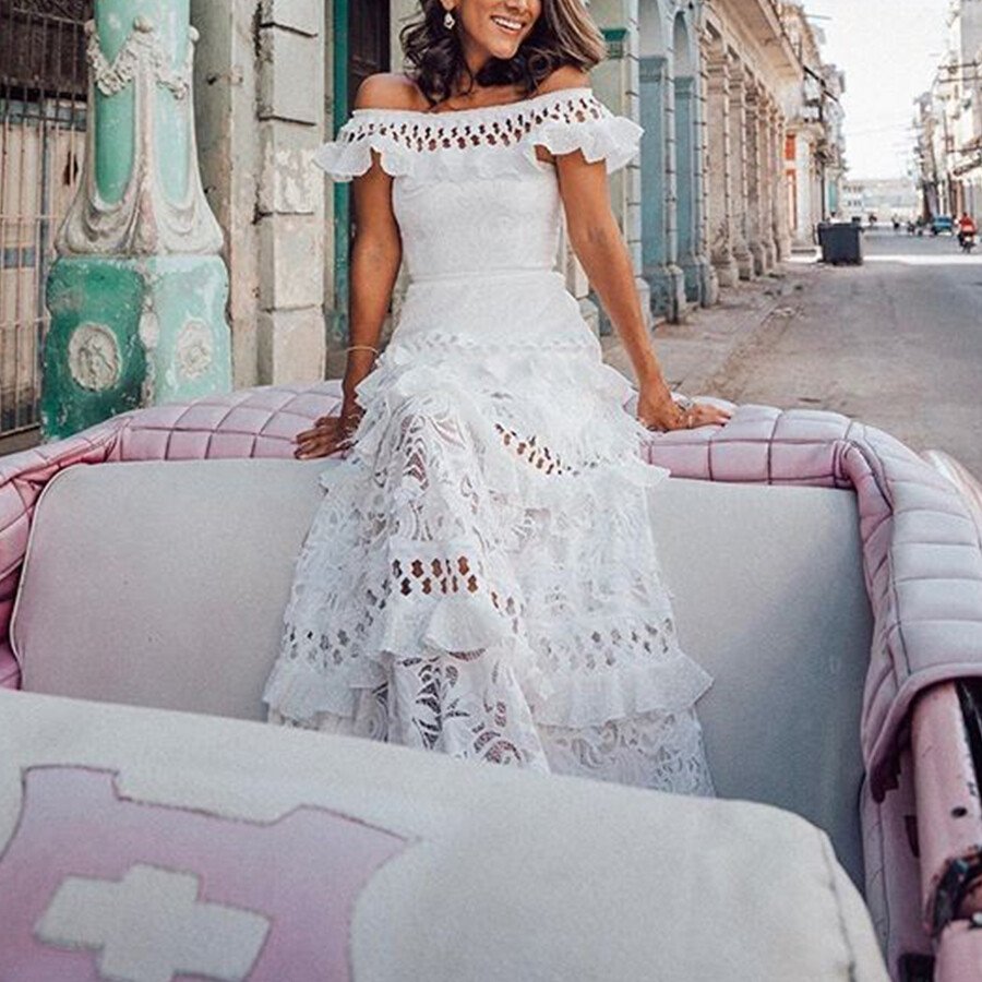 Off Shoulder Short Sleeve Bohemian Wedding Dress