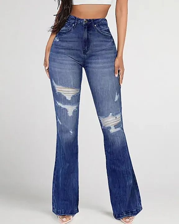 90S VINTAGE DISTRESSED ZIP FLY RAW HEM FLARE LEG JEANS