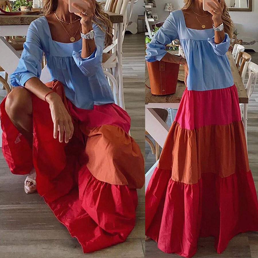 Women's Casual Color Block Long Dress
