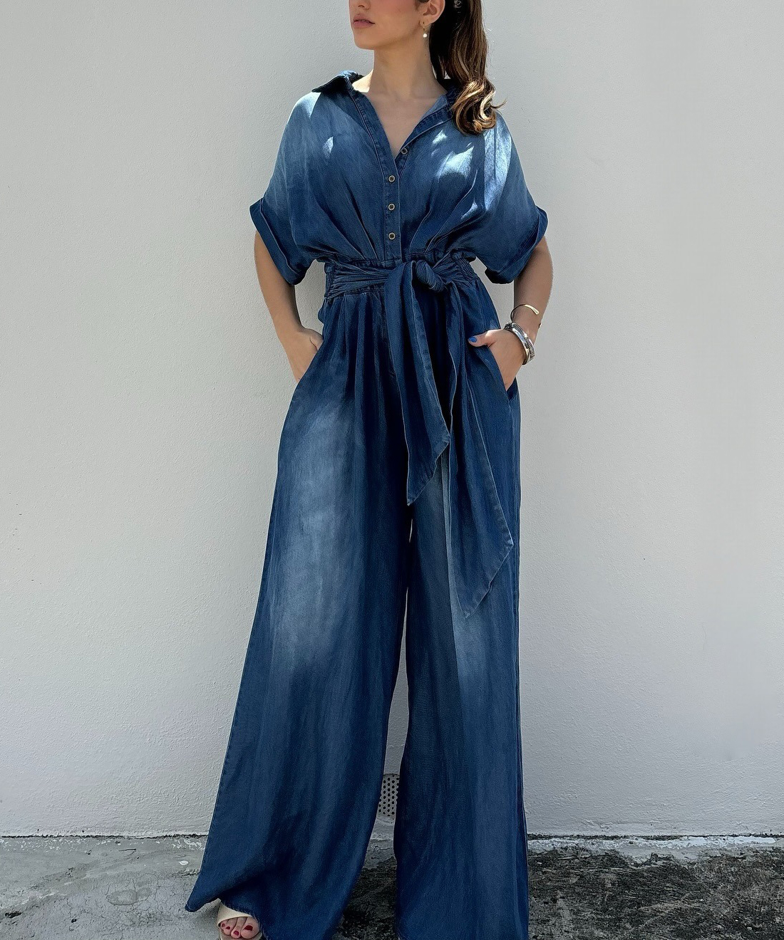 🔥HOT SALE🔥Casual Bat Sleeve Tie-Waist Tencel Denim Wide-Leg Jumpsuit (Buy 2 Free Shipping)