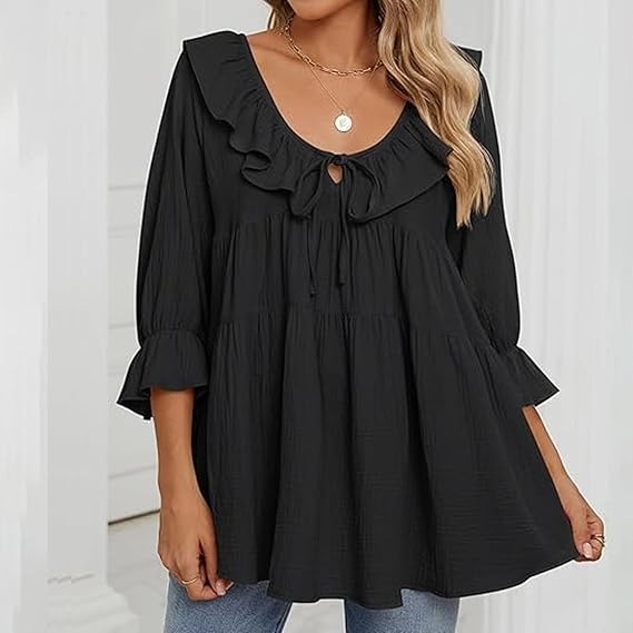 🔥HOT SALE🔥3/4 Sleeve Tee Round Neck Tie Front Layered Ruffle Shirt(BUY 2 FREE SHIPPING)