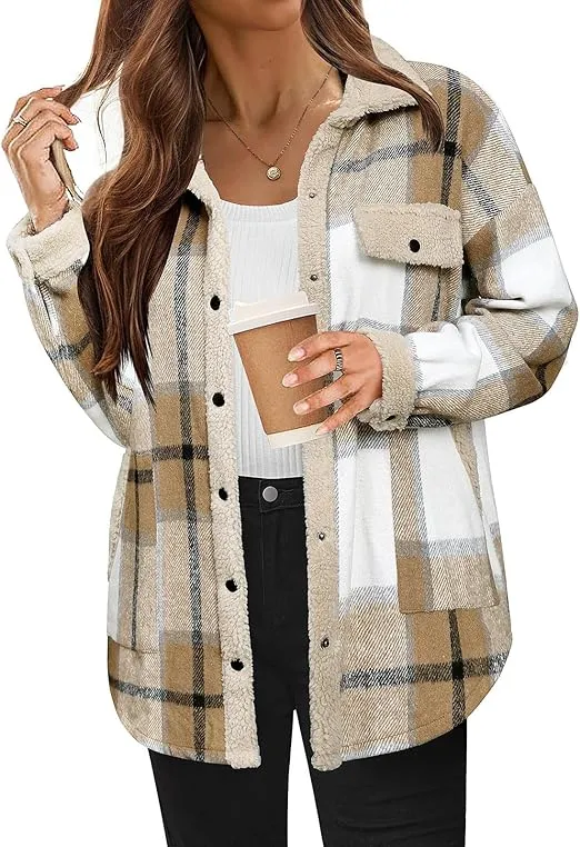 🔥🔥🔥🔥Women's Fleece Flannel Button Down Plaid Shacket Jacket