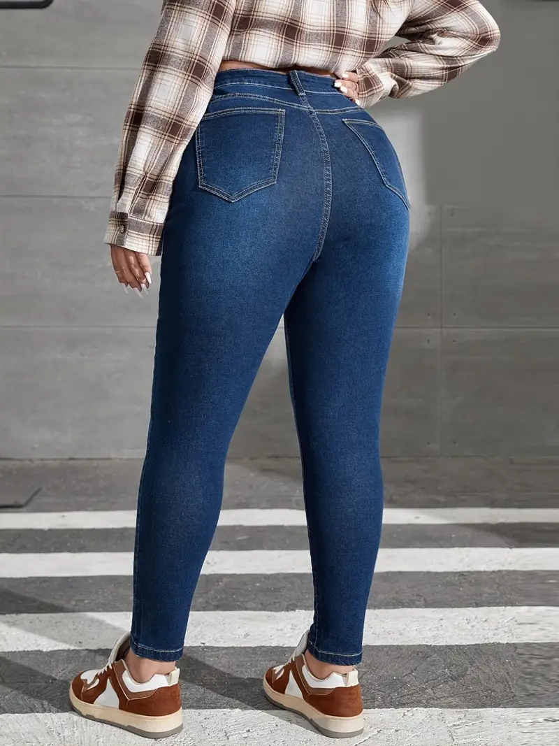 Plus Size Washed Button Up Skinny Jeans, Women's Plus High Stretch Cas