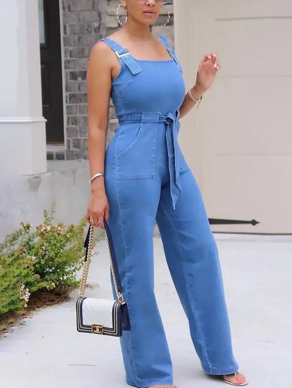 Midiross Eyelet Buckle Detail Belted Tank Denim Jumpsuit