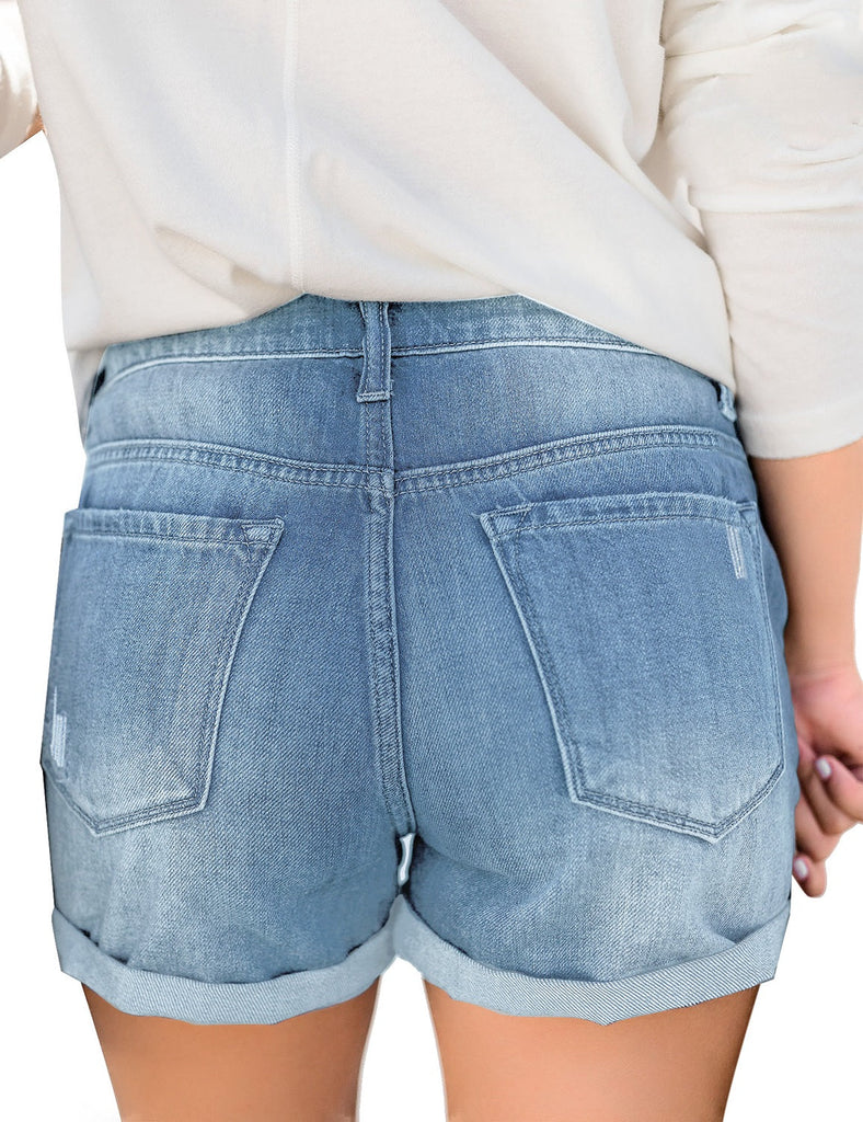Women's High Waisted Jean Shorts Casual Cuff Hem Ripped Denim Short