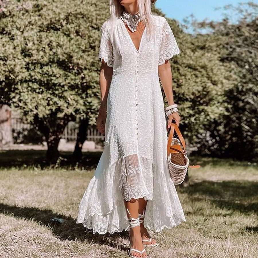 V-Neck Short Sleeve Bohemian Wedding Dress