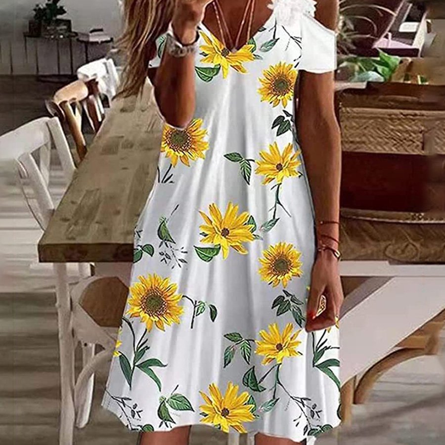 Ladies Lace V-Neck Off-Shoulder Print Dress