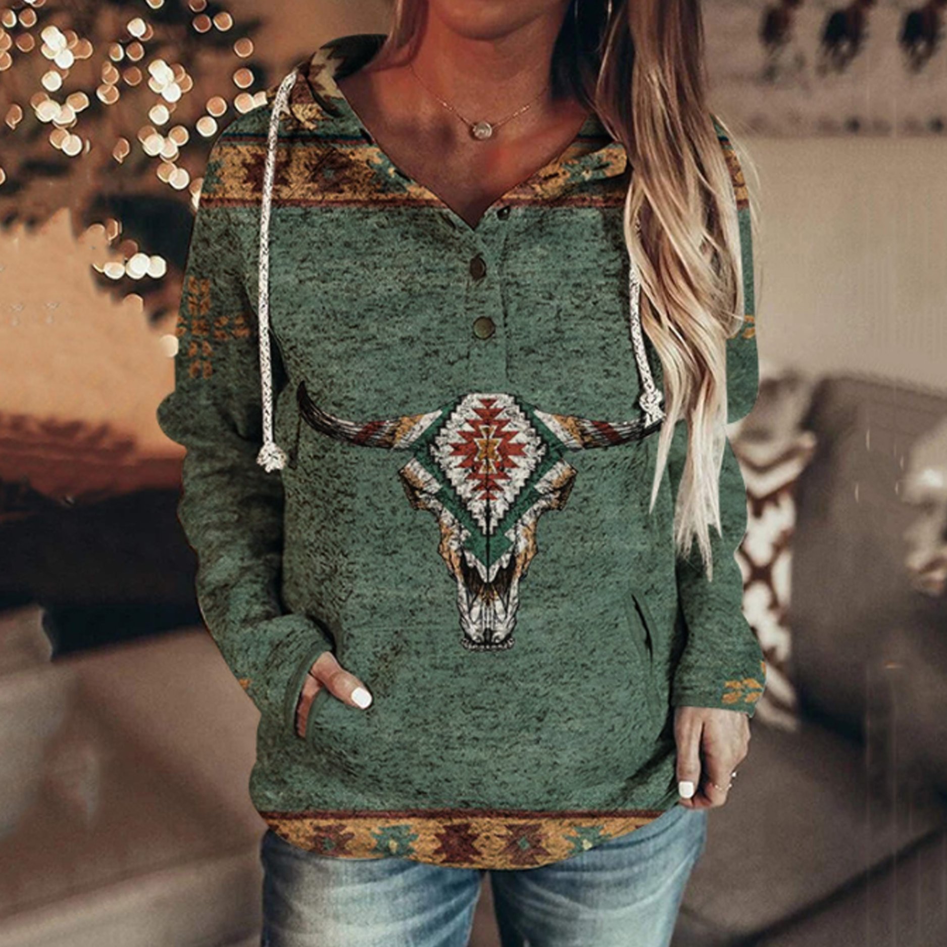 Ladies Ethnic Printed Casual Hooded Sweater